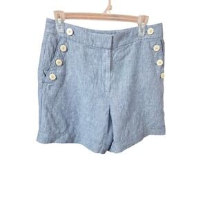 LOFT Blue 100% Linen Nautical Sailor Shorts Women's Size 6 Button Accent